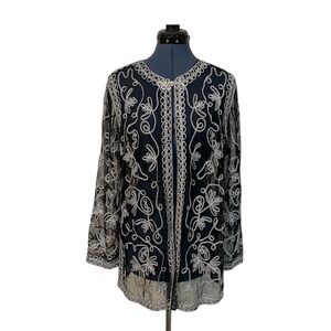 Victor Costa Black Silver Floral Ribbon Embroidered Sheer Cardigan Duster L